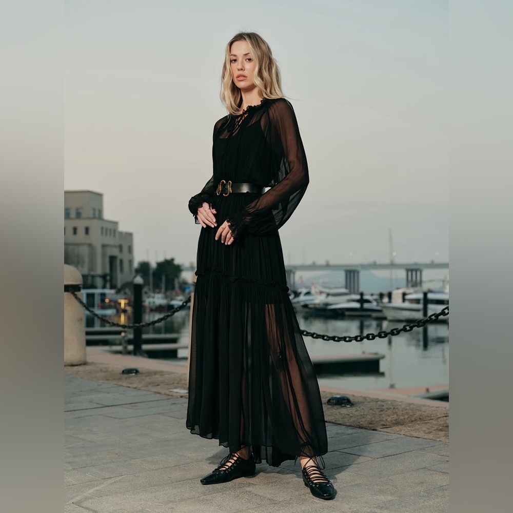 Elegant Black Sheer Maxi Dress belt not included